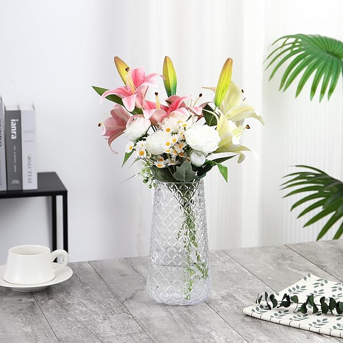 Glass Vase, Clear Flower Vase for Bouquet, Large Glass Vases for Flowers, Modern Vases for Living Room, Bedroom, Dining Table, Office, Kitchen, Wedding, 9 Inches