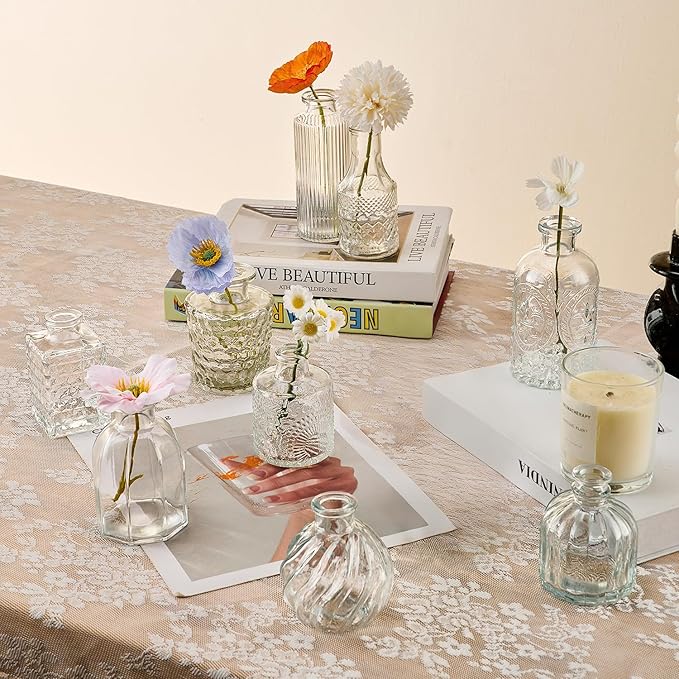 Glass Bud Vase Set of 16 Pcs Small Minimalist Vases for Flowers, Vintage Rustic Home Decor for Table Centerpiece Wedding Party, Modern Clear Aromatherapy Bottle for Living Room Bedroom