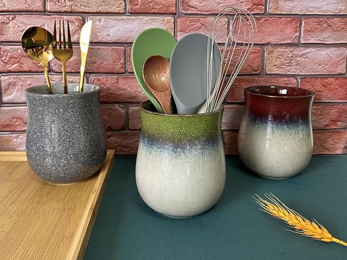 Medium Ceramic Kitchen Utensil Holder for Kitchen Counter Cooking Utensil Holder for Countertop Spatula Holder Small Utensil Crock Cutlery Holder Silverware Flower Vase (Retro Lavender Grass Green)