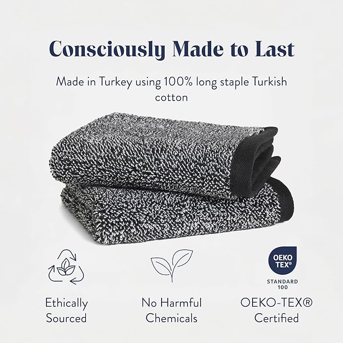 Brooklinen Super-Plush Turkish Cotton Washcloths Set of 2 Cotton, 820 GSM, Highly Absorbent, Machine Washable, Perfect for Home & Bathroom (13" x 13", Marled Black)