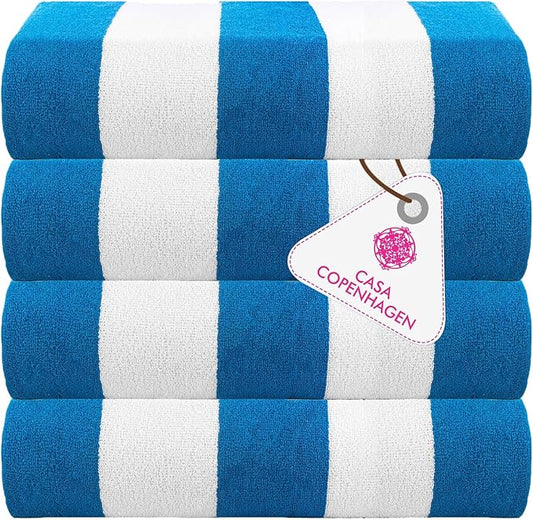 CASA COPENHAGEN Cabana Beach Designed in Denmark Rough and Tough, Quick Dry, Pool, Bath & Shower 30x60 inches 4 Pieces Cotton Beach Bath Towels Set - Turquoise