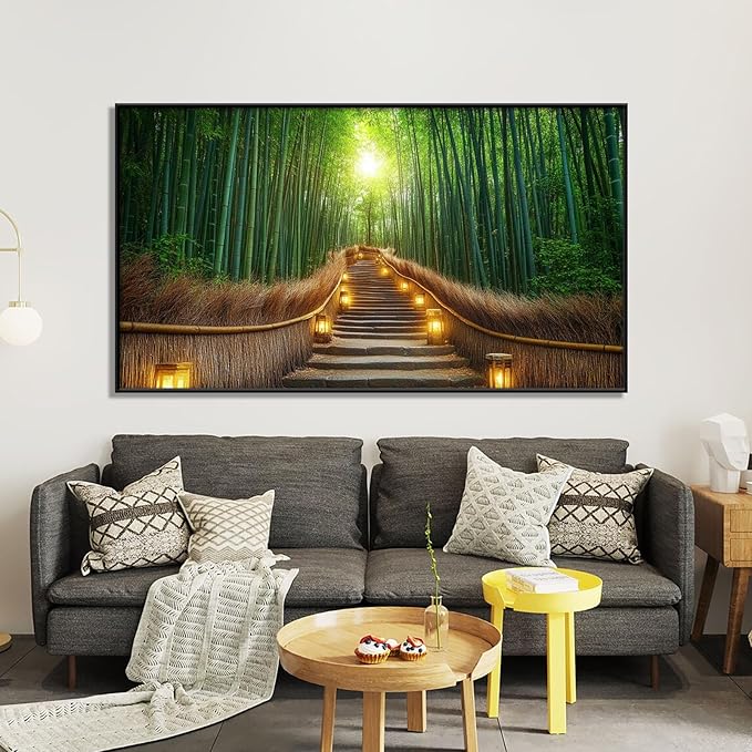 Bamboo Forest Canvas Wall Art, Kyoto Japan Bamboo Canvas Wall Art, Bamboo Forest Picture Prints, Nature Pictures Wall Decor Large, Home Decor, Canvas Wall Art for Bedroom, Living Room (Gold Framed, 48"x27"|122x68cm)