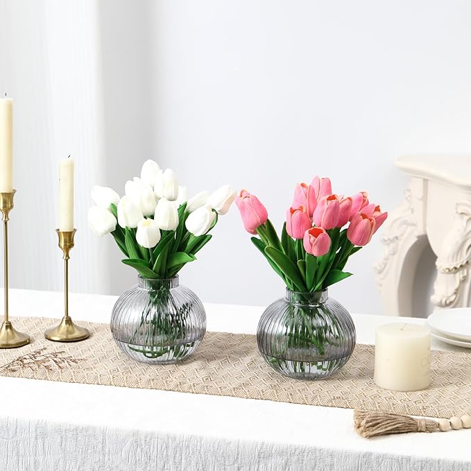 Round Glass Vases, Set of 2 Small Vases for Flowers, Black Glass Vase for Tulips, Modern Vase for Living Room, Office, Coffee Table, Shelf, Wedding, 5 Inches