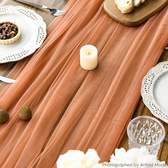 Artoid Mode 6PCS Terracotta Gauze Table Runner 120 Inch 10FT, Seasonal Sheer Kitchen Dining Holiday Wedding Birthday Baby Shower Table Decor for Home Party