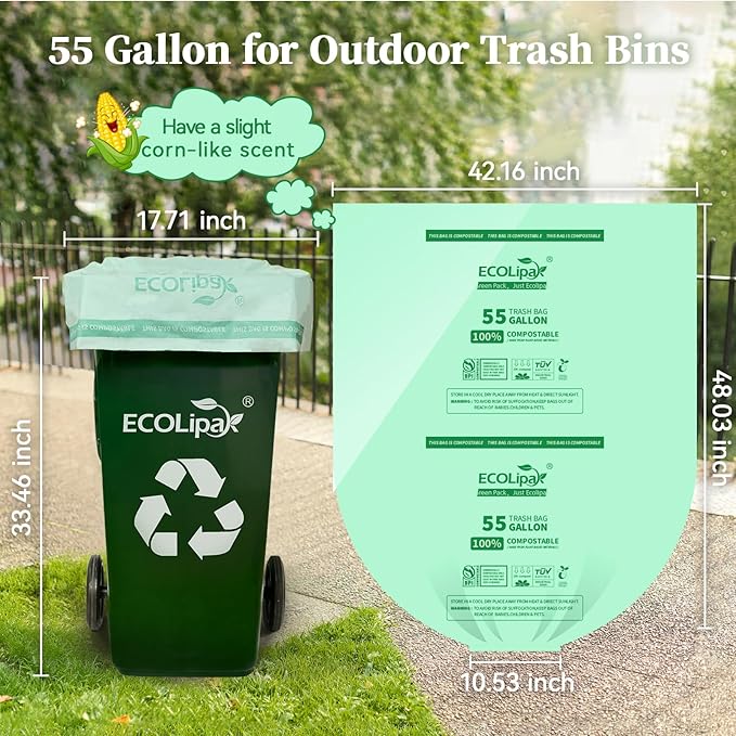 ECOLipak 55 Gallon Compostable Trash Garbage Bags, 12 Count (1 Roll) Biodegradable Heavy Duty Large Outdoor Trash Bags for Lawn/Yard, US BPI ASTM D6400 and OK Compost Home Certified