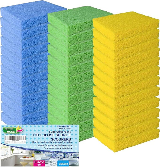 36 Pk Pop-Up Compressed Cellulose Sponges, Heavy Duty Scrub Kitchen Sponge, Clean Tough Messes Without Scratching Eco Friendly Reusable Compostable&Biodegradable 4.6x2.8x0.8Inch