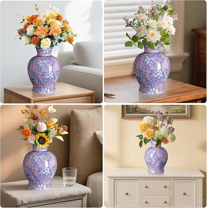 Vintage Chinoiserie Floral Ceramic Vase, Large Rustic Pottery Vases for Living Room, Entryway, Dining Table Centerpiece, Farmhouse Home Décor, Floor or Tabletop Flower Vase, (Pink)