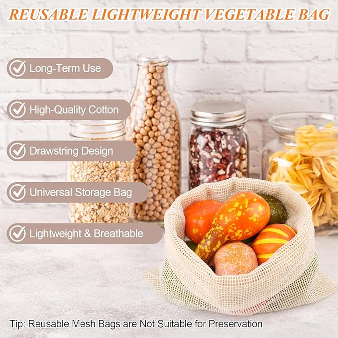 PEASUG 8 Pack Reusable Produce Bags Grocery Washable, Cotton Mesh Vegetable Bags for Refrigerator Grocery Fruits and Veggies Shopping, Transporting Storing (2XL,2L,2M,2S)