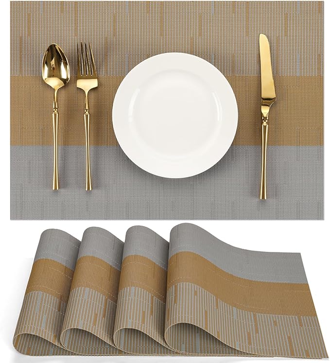 Placemats Set of 4, Vinyl Woven Place Mats Indoor Set of 4 Washable Wipeable PVC Table Mats Heat-Resistant Non Slip Placemat for Kitchen Dining Outdoor Table (Gray Light Brown, Set of 4)