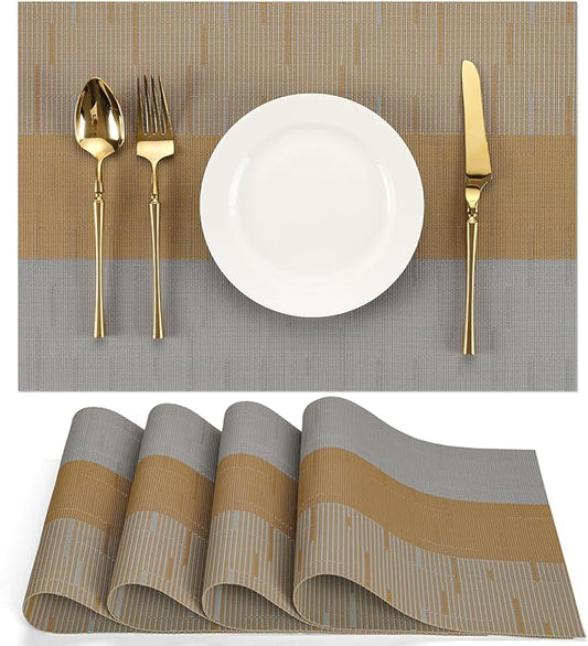 Placemats Set of 4, Vinyl Woven Place Mats Indoor Set of 4 Washable Wipeable PVC Table Mats Heat-Resistant Non Slip Placemat for Kitchen Dining Outdoor Table (Gray Light Brown, Set of 4)