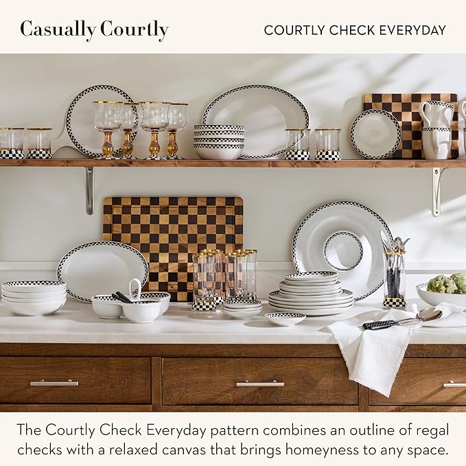 MACKENZIE-CHILDS Set of 3 Everyday Mixing Bowls, Small, Medium, and Large Stoneware Bowls for Kitchen Use, Black-and-White Courtly Check