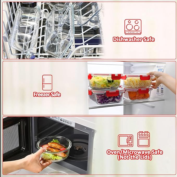 M MCIRCO 24-Piece Glass Food Storage Containers with Locking Lids,Glass Meal Prep Containers Set - Airtight Lunch Containers, Microwave, Oven, Freezer and Dishwasher, Red