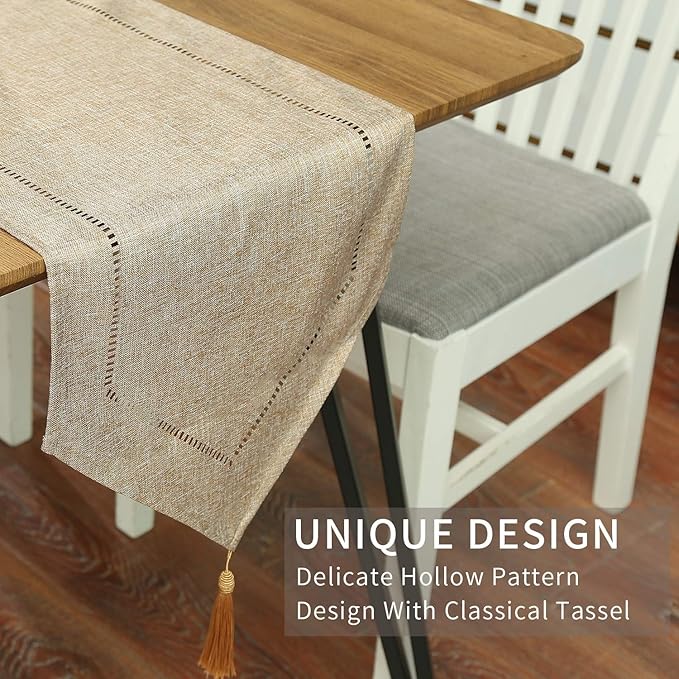 Tosewever Decorative Linen Table Runner with Tassels Tabletop Collection 14 x 72 Inches Table Runners for Everyday Dining Wedding Party Holiday Home Decor (14" x 72", Light Coffee)