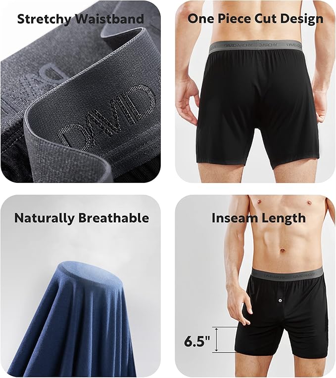 DAVID ARCHY Mens Underwear Bamboo Rayon Boxers for Men Breathable and Cool Men's Boxer Shorts with Button Fly 3 or 5 Pack