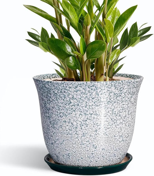 Ceramic Planter - 10 Inch Plant Pot for Indoor Outdoor, Round Planter with Drainage Hole and Plant Tray, Large Decorative Planters, Modern Flower Pot, Home Room Decor, Gardening Gift, Green