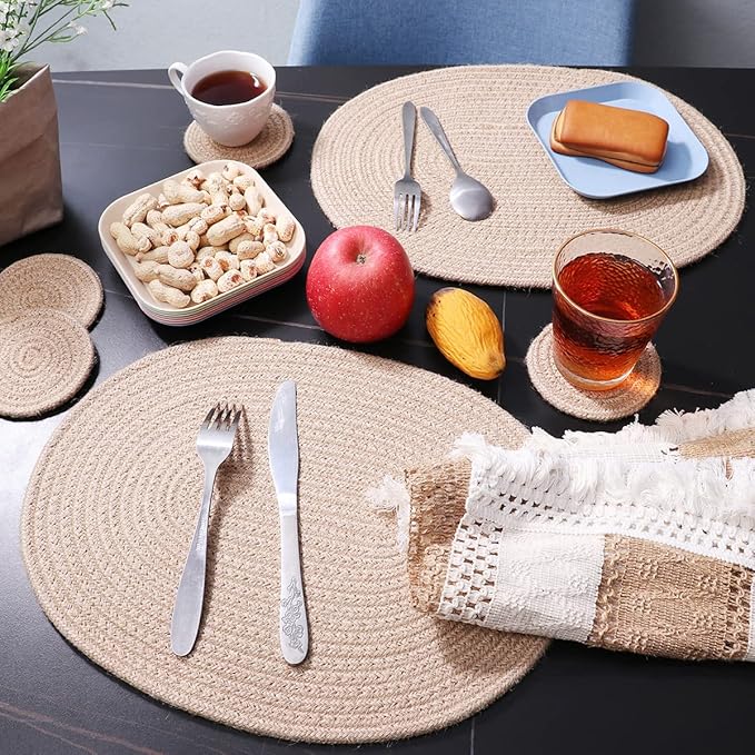 4 Pack Oval Jute Woven Placemats and Set of 4 Round Fabric Coasters, Cotton Braided Placemats Set, Dining Table Mat, Heat-Resistant Pot Holders, Washable Place Mats