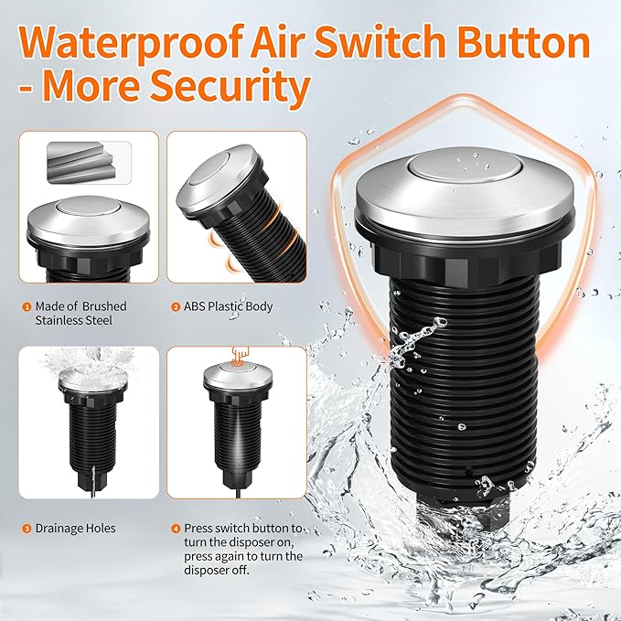 Joinfworld Garbage Disposal Button Kit, Garbage Disposal Air Switch Kit Sink Top Switch for Garbage Disposal Brushed Nickel Stainless Steel LONG 2.6" Air Switch Button - UL Listed