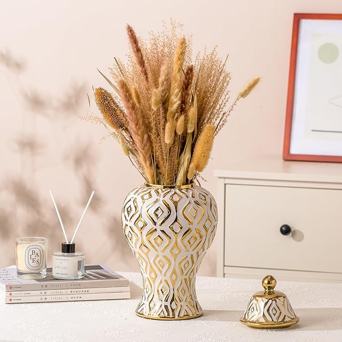 White and Gold Vase with Lid, Ginger Jars for Home Decor, Ceramic Flower Vase for Home, Kitchen, Bookshelf Decor, Storage jar, Table Center Vase, Centerpieces Jarrones(12.59in)