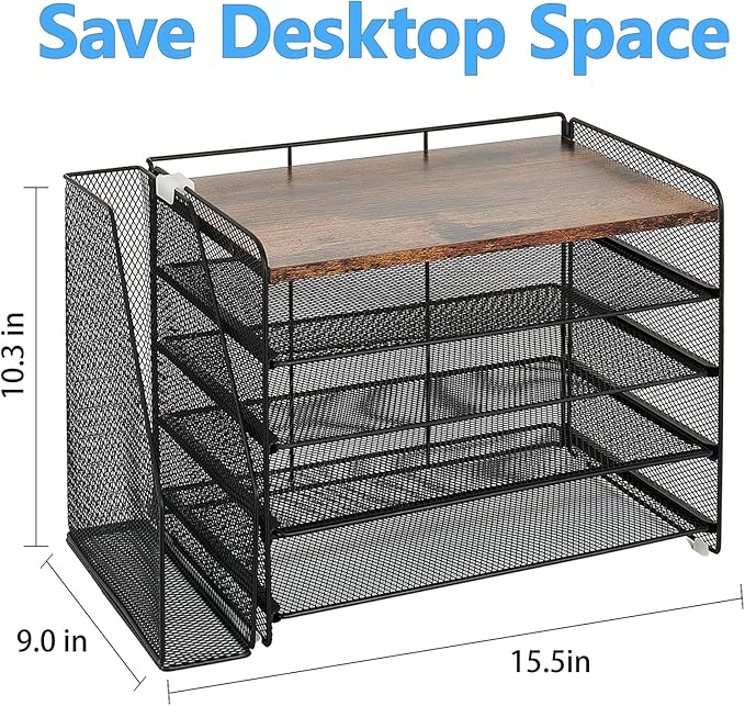 OPNICE 5-Tier Paper Organizer with Magazine Holder, Desk Organizers and Accessories, Office Desk Accessories & Workspace Organizers, Desktop File Organizer for Office Supplies Storage, Brown