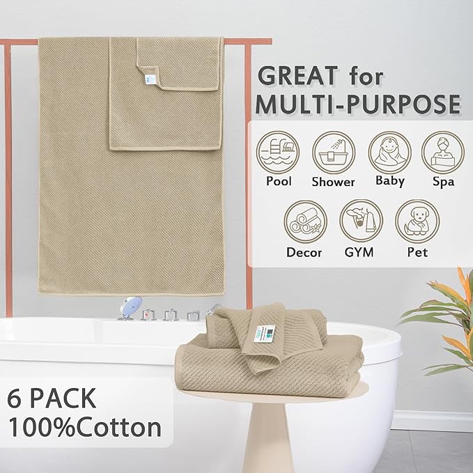 VOOVA & MOVAS Tan Bath Towels - 100% Cotton | Lightweight | Soft | Thick, 2 Bath 30"x56", 2 Hand 18"x28", 2 Washcloths 13"x13", Quick Dry Towels for Showering, Luxury Towel Gift Set, Dark Beige