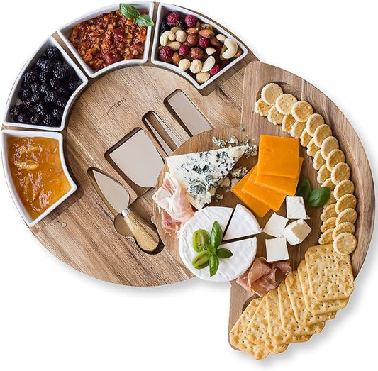ChefSofi Charcuterie Board Set and Cheese Serving Platter - Made from Acacia Wood - US Patented 13 inch Cheese Board and Knife Set for Entertaining and Serving - 4 Knives and 4 Bowls