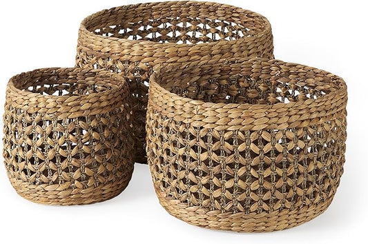 Mercana Dakota Medium Brown Seagrass Round Basket in Set Of 3