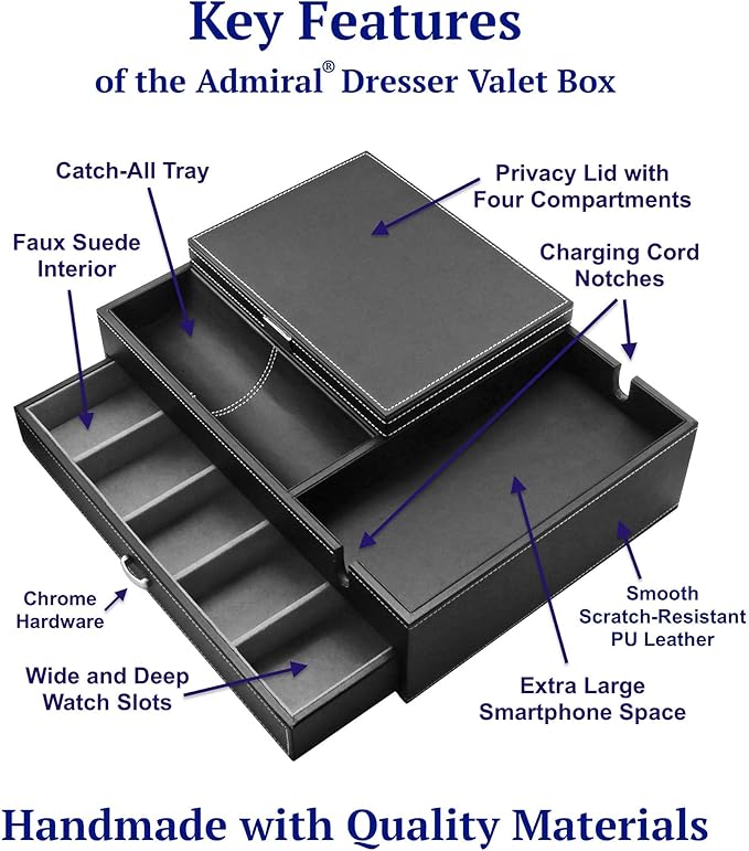 HOUNDSBAY Admiral Dresser Valet Box & Mens Jewelry Box Organizer with Large Smartphone Charging Station (Grey)