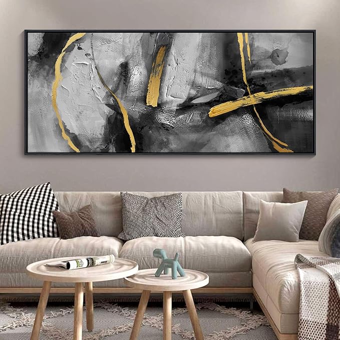 CHATYOUNG Abstract Black Gray Gold Large Canvas Wall Art, Hand-Painted Golden Line Wall Paintings Framed Artwork for Living Room Bedroom Cafe Above Sofa Office Extra Large Home Decor 32"X71"