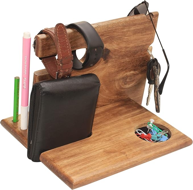 wood phone docking station for men - Night Stand Organizer for Cell Phone Stand, Key Holder, Wallet Stand Watch irthday Gifts for Mom, Dad - Anniversary Idea from Wife