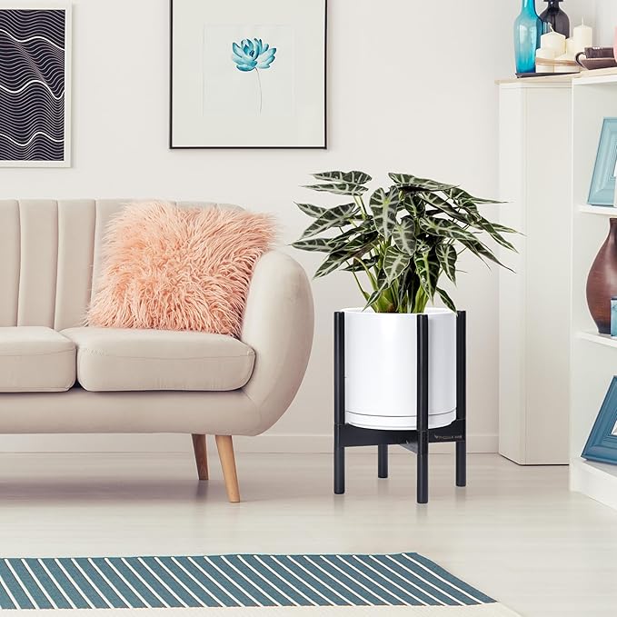 D'vine Dev Ceramic Planter with Ebony Stand - 10 Inch Modern Round Flower Pot with Wood Planter Holder, White, 55-B-L-1