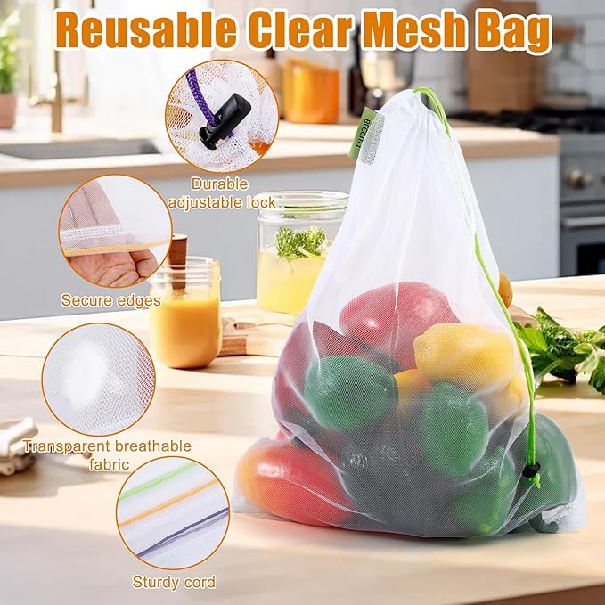 Blcculi 15 Pack Reusable Produce Bags,Washable Mesh Produce Bags,Mesh Grocery Bag with Drawstring & Colorful Tare Weight Tags,See-Through Vegetable Bag for Grocery Shopping,Fruits,3 Sizes