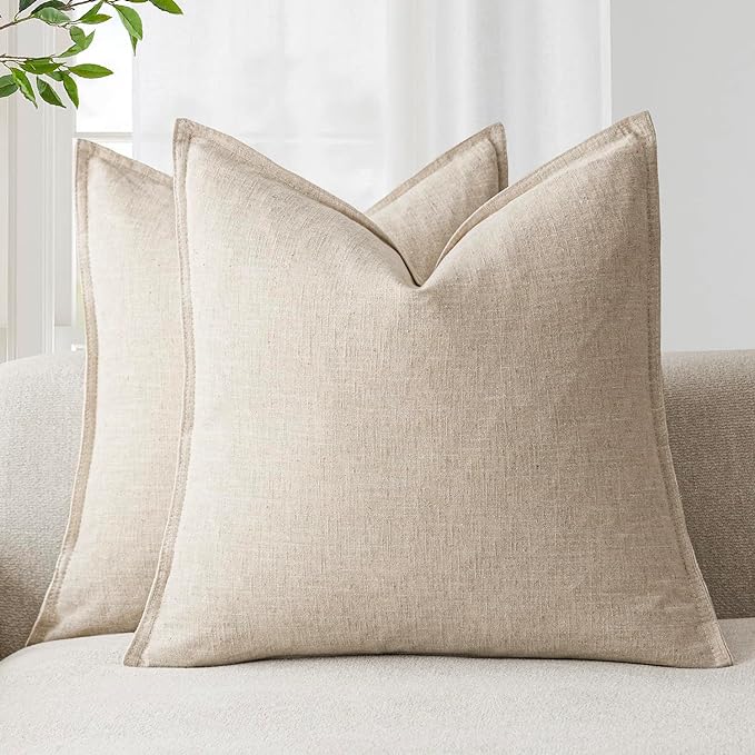 Foindtower Pack of 2, Decorative Linen Soild Throw Pillow Covers Soft Accent Cushion Case Boho Farmhouse Neutral Pillowcase for Couch Sofa Bedroom Living Room Home Decor 26 x 26 Inch Natural Beige