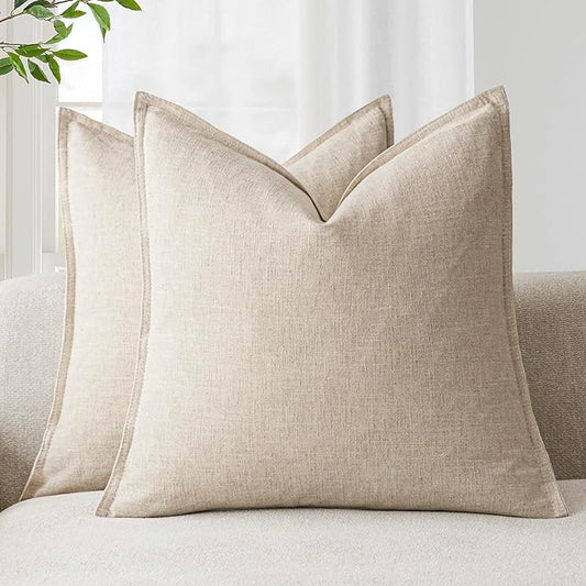 Foindtower Pack of 2, Decorative Linen Soild Throw Pillow Covers Soft Accent Cushion Case Boho Farmhouse Neutral Pillowcase for Couch Sofa Bed Living Room Home Decor 22 x 22 Inch Natural Beige