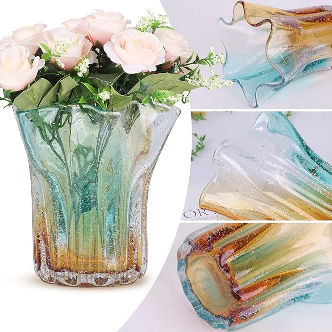 Hand Blown Glass vase, Wide Mouth Petal vase, Colorful Modern Glass Art Home Decor vase for Family Living Room, Wedding Scene, Dining Table Center, Entrance Table top