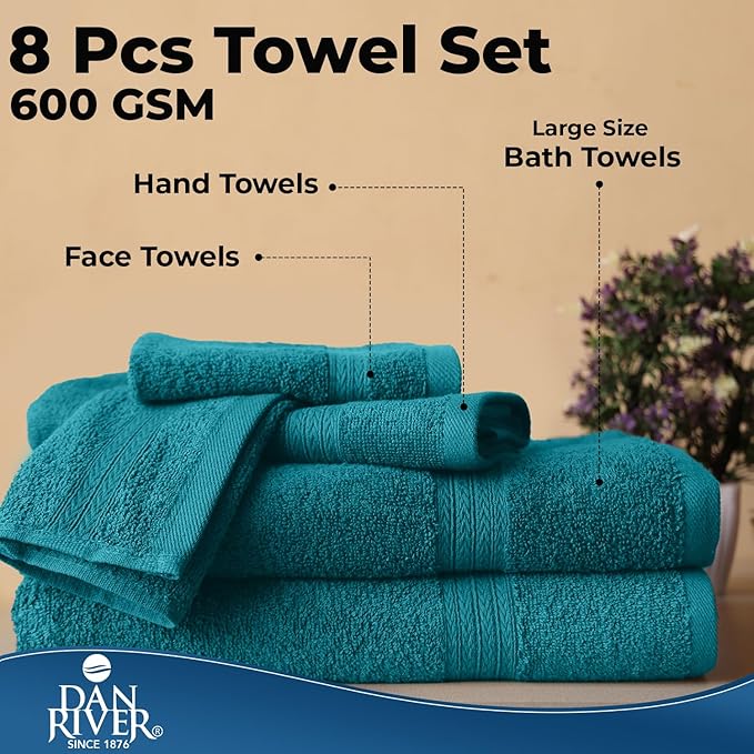 DAN RIVER 8 PC Luxury Bath Towels for Bathroom, 2 Bath, 2 Hand, and 4 Wash Cloths, 600 GSM 100% Ring Spun Cotton Towel Set, Highly Absorbent, Gym, Hotel, and Spa, Teal