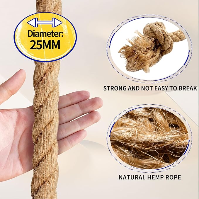 Jute Rope: Twisted Manila, 25mm Natural Thick Hemp - Heavy Duty Tug of War & Home Decor, 100 ft