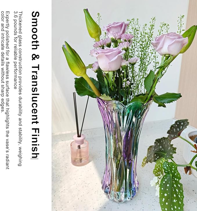 11.2 Inch Glass Vase-Iridescent Purple and Teal Thickened Cylinder Colorful Flower Vase Decor for Home Dining Table Centerpiece Office Wedding Holiday Party