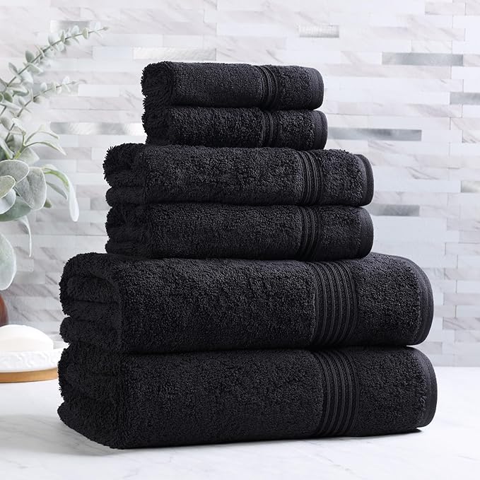 Superior Egyptian Cotton 6-Piece Towel Set, Bathroom Essentials, Towels For Bathroom, Apartment, Airbnb, Guest Bath, Face, Hand, Bath Towels, Washcloths, Absorbent, Fast Drying, Black