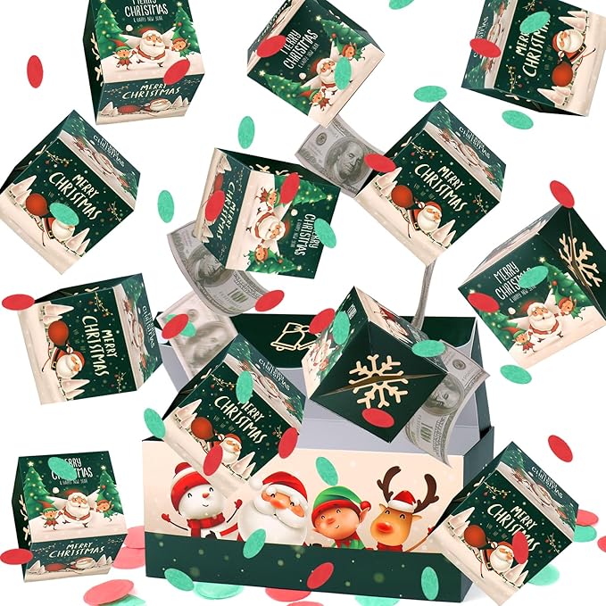 BABORUI Christmas Surprise Gift Box with Confetti, Seeroze Money Box for Cash Gift (Green Snowman)