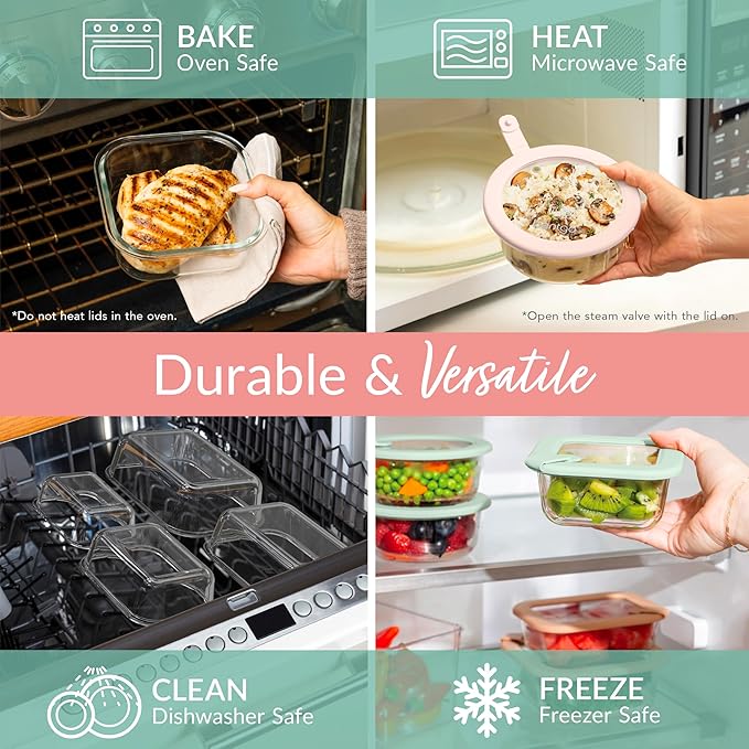 Bentgo Signature Leak-Proof Glass Food Storage - 12-Piece Set, 1-Compartment Meal Prep Plastic-Free Containers, Airtight Glass Lids, BPA-Free, Microwave, Freezer, Oven, Dishwasher Safe (Desert Sage)