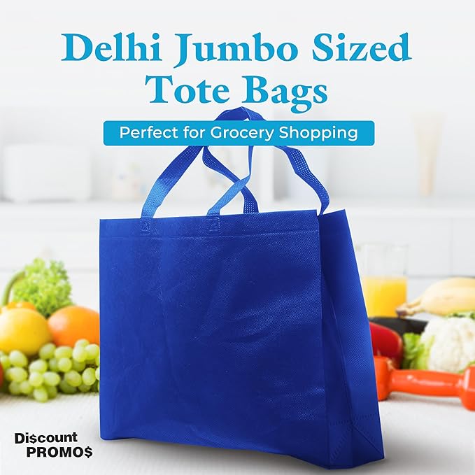 DISCOUNT PROMOS Jumbo Sized Tote Bags Set of 10, Bulk Pack - Reusable Grocery Bags, Shopping Bags, Promotional Item Totes for Women - Blue