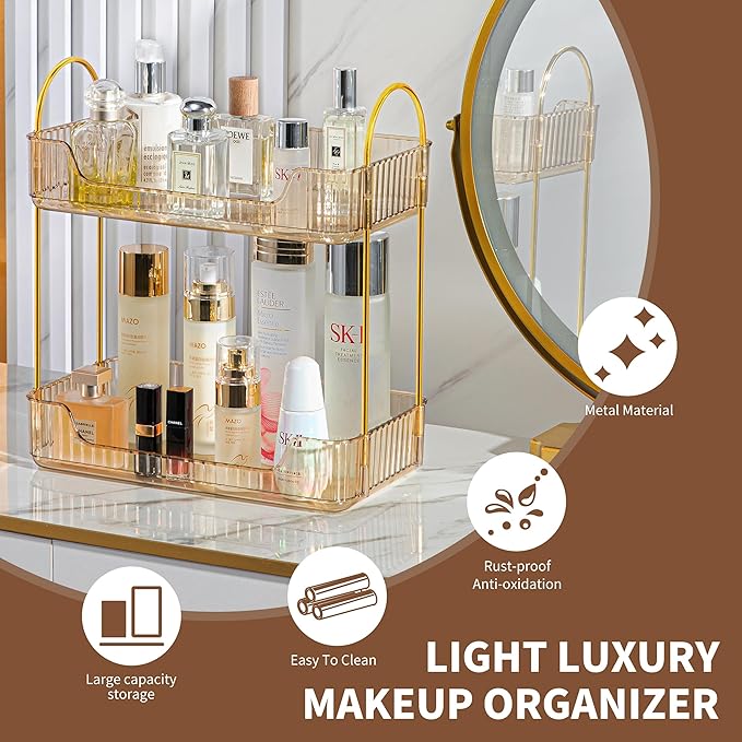 2 Tier Bathroom Organizer Countertop Makeup Perfume Tray Skincare Organizer for Bathroom Dresser Vanity (Gold)