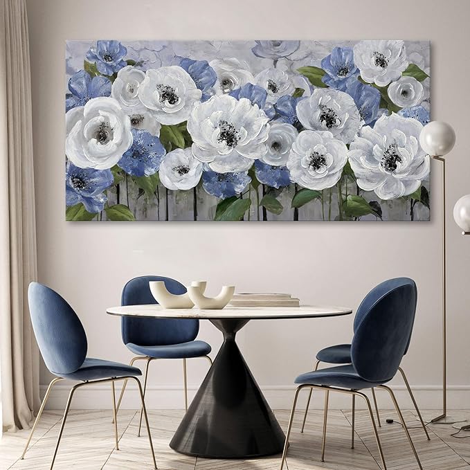 Floral Wall Art for Living Room- Large Canvas Paintings with Floral Wall Picture - Flower Wall Decor in Blue & White, Textured Artwork - Landscape Wall Art & Pictures for Bedroom and Home Decor