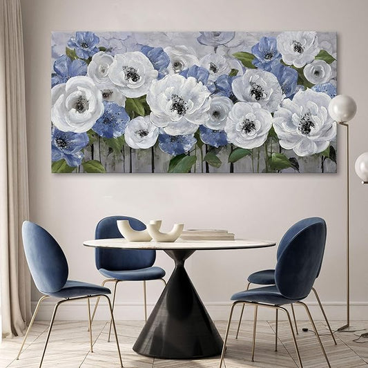Floral Wall Art for Living Room- Large Canvas Paintings with Floral Wall Picture - Flower Wall Decor in Blue & White, Textured Artwork - Landscape Wall Art & Pictures for Bedroom and Home Decor