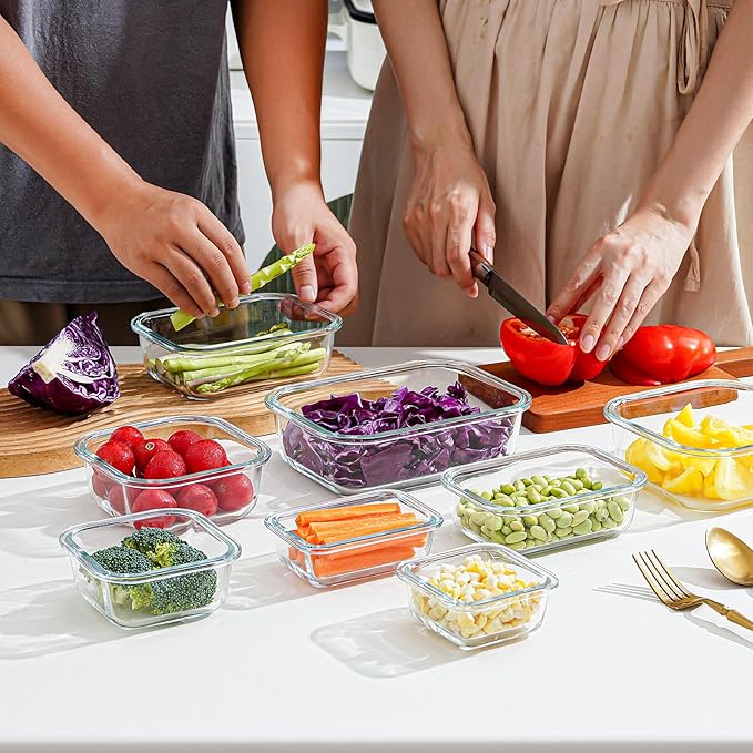 8-piece glass food storage container, glass pre meal preparation container, with sealing cover, suitable for use in microwave ovens, ovens, refrigerators, and dishwashers