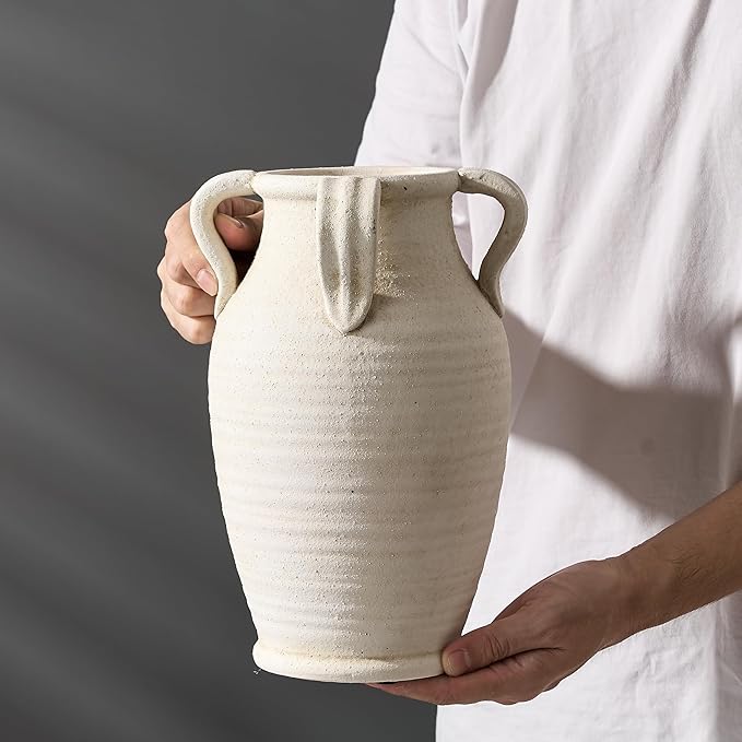 Handmade Ceramic Vase with 4 Handles, 10.83" Tall Farmhouse Rustic Vase, Decorative Pottery Flower Vases for Home Decor, Wedding, Living Room, Table, Shelf Decor, White