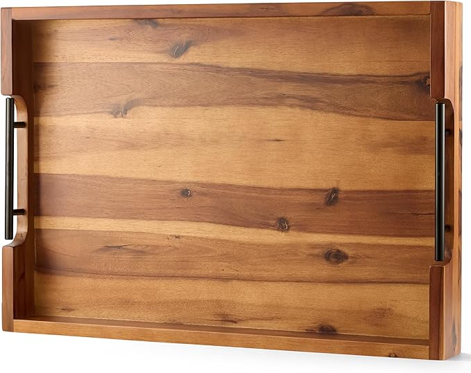 20 Inch Acacia Wood Ottoman Tray for Living Room - Coffee Table Trays, Serving Tray with Handles for Ottoman Table, Decorative Trays for Home Decor, Charcuterie Boards (Acacia Color)