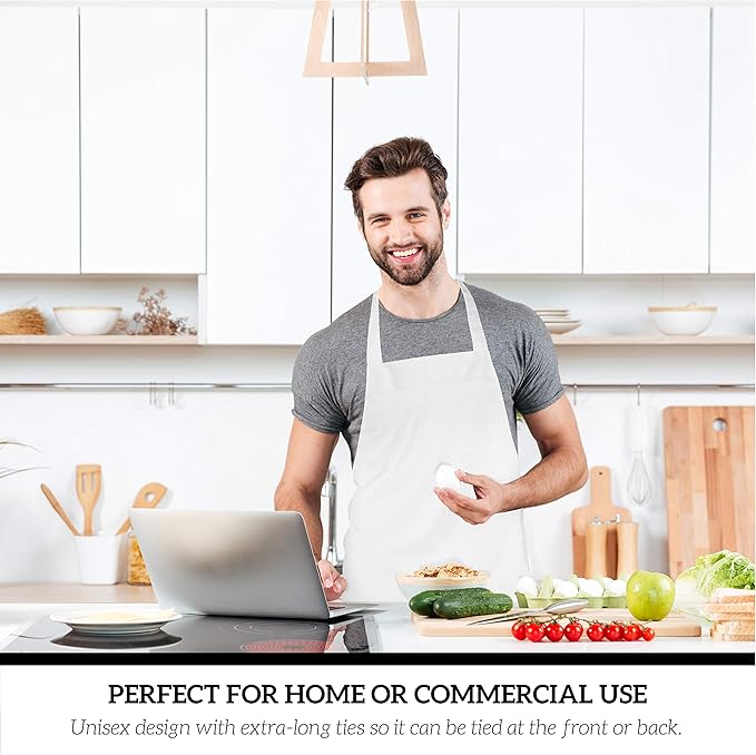 GREEN LIFESTYLE 12 Pack Bib Apron - Unisex White Aprons, Machine Washable Aprons for Men and Women, Kitchen Cooking BBQ Aprons Bulk (Pack of 12, No Pockets, White)