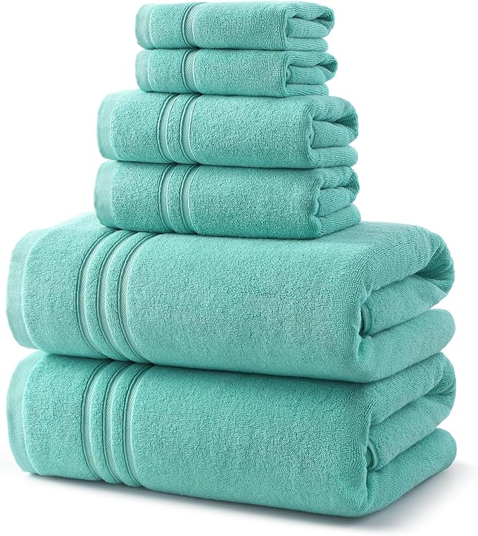 REDKISS 6 Piece Luxury Bath Towel Set - 100% Cotton Towels for Bathroom, 600 GSM Premium Turquoise Towels of 6, Includes 2 Large Bath Sheets, 2 Hand Towel, 2 Washcloths, Highly Absorbent