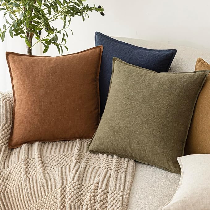 Foindtower Pack of 2, Decorative Linen Soild Throw Pillow Covers Soft Accent Cushion Case Boho Farmhouse Pillowcase for Chair Couch Sofa Bedroom Living Room Home Decor 24 x 24 Inch Orange Brown